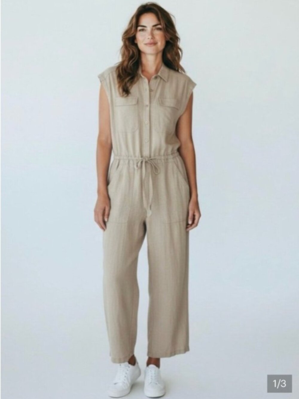 Universal Thread Women's Linen-Blend Jumpsuit Beige Tan Utility Drawstring Size